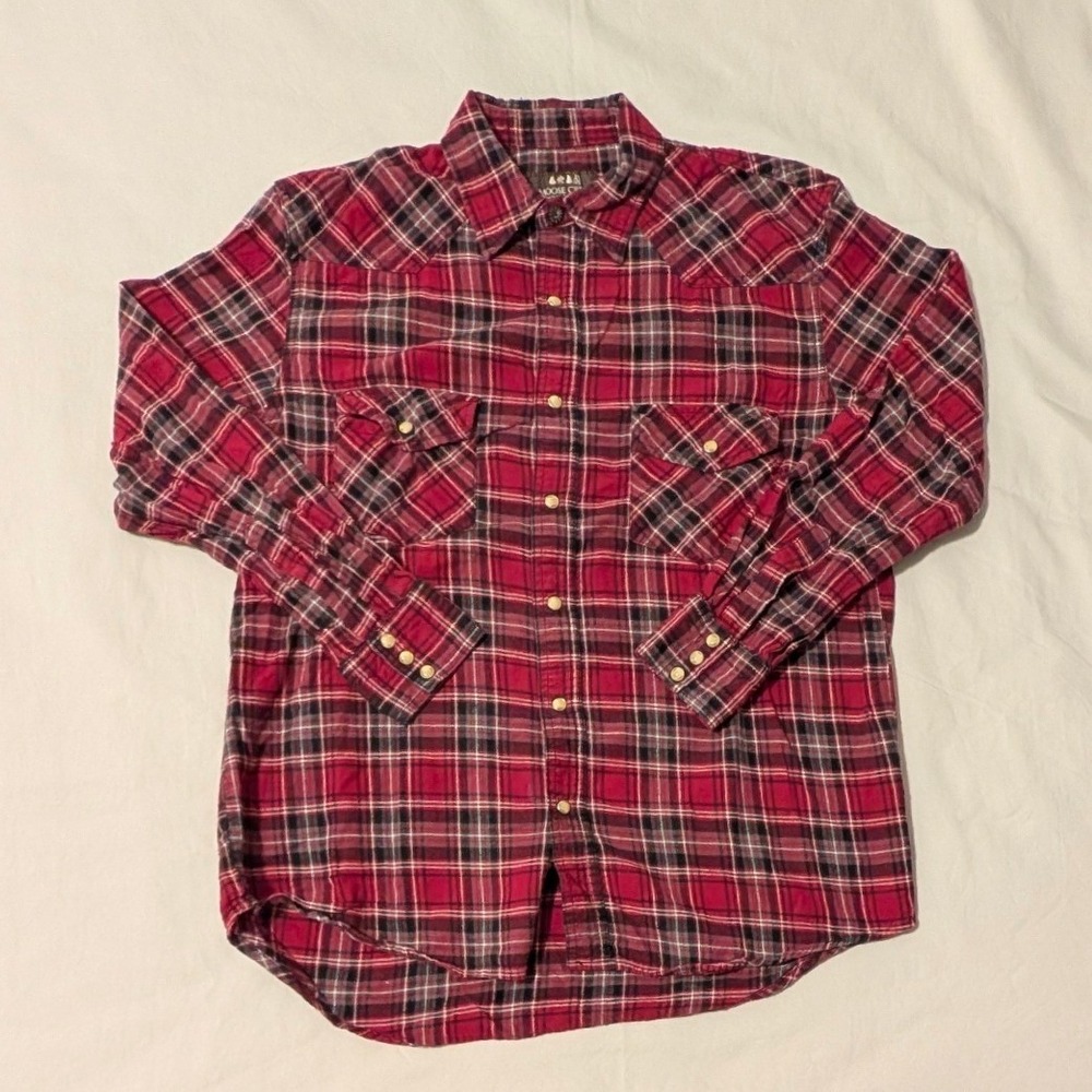 Moose Creek Mens Red Black Plaid Flannel Shirt Western Yoke Cotton Large